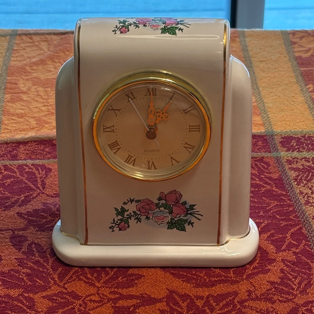 Elegant White Porcelain Floral Clock with Gold Accents, Quartz, Limited Edition